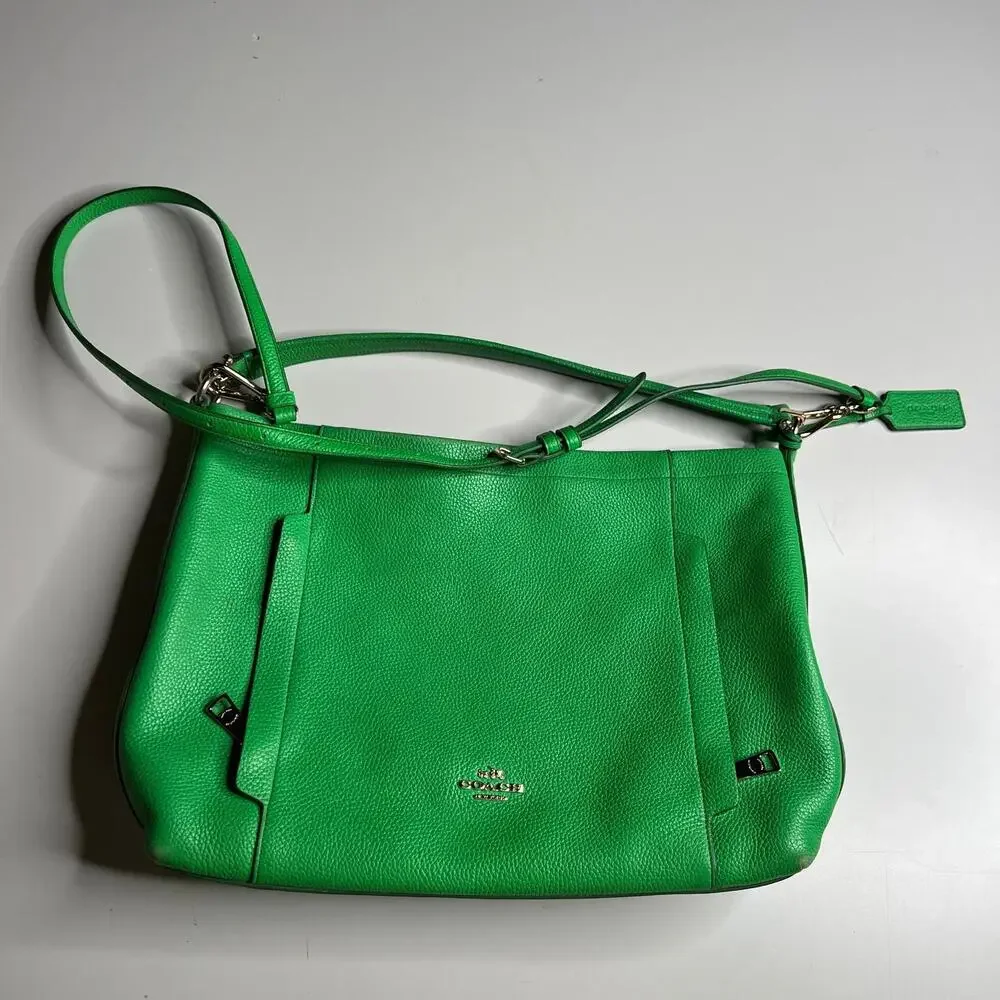 Coach Pebble Leather Hobo Shoulder Bag Green Purse‎ Women Medium